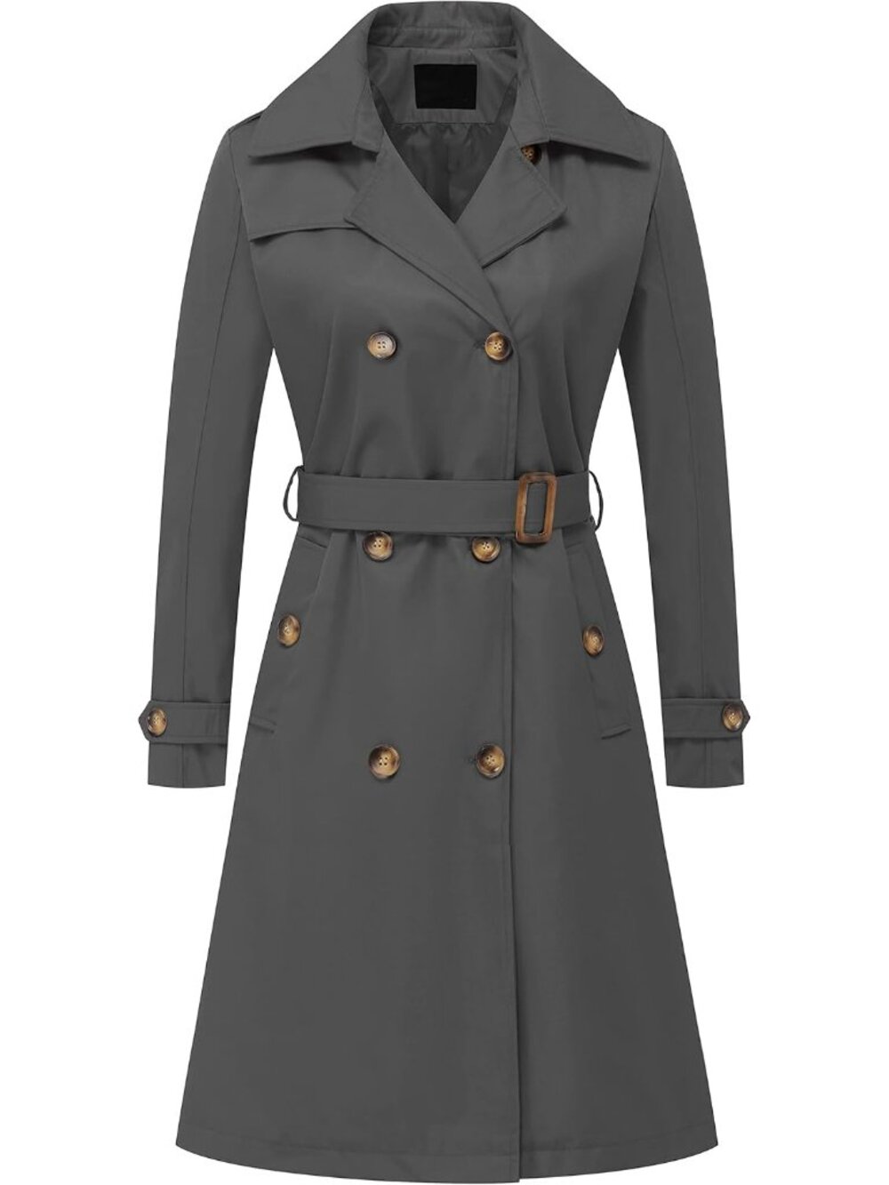 Women Dark Grey Detachable Hood Mid-Long Belted Double-Breasted Trench Rain Coat